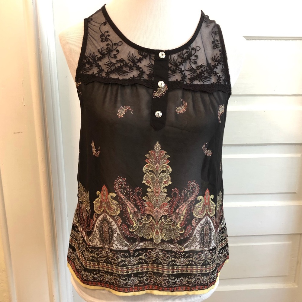 Sheer Sleeveless Black Paisley Top, Mine, Sz Sm